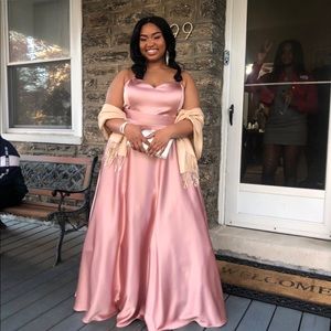Rose Gold Satin Prom Gown with pockets gently worn